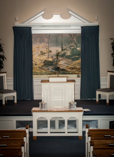South Fork Church of Christ baptistry mural from the balcony